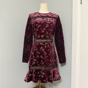 Adelyn Rae Burgundy Floral Velvet Lace Fit & Flare Dress Small Long Sleeve